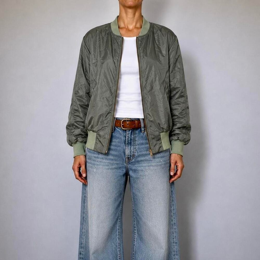 Rare Vintage Italian Sage Green 100% Liquid SILK Varsity Bomber Jacket Size XL
